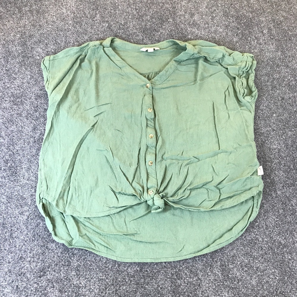 Orvis Blouse Top Women's Large Green Crinkle Tie Hem Sleeveless Button Front